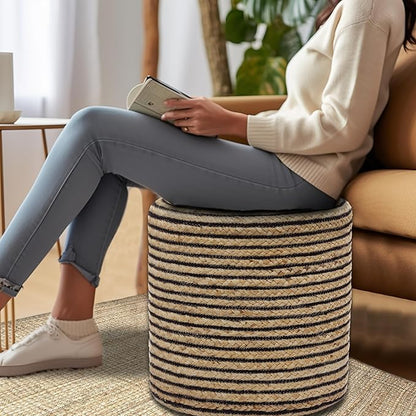 COTTON CRAFT Braided Pouf – Cylindrical Jute Cotton Ottoman - Boho Foot Stool - Bedroom Dorm Family Room Accent Seating – Rustic Decorative Round Pouf – 15 Dia x 16 Height - Natural Black Pinstripe