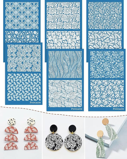 Puocaon Botanical Clay Silk Screen - 6 Pcs Plant Reusable Silk Screen Stencils for Polymer Clay Jewelry Making, Polymer Clay Tools Stencils