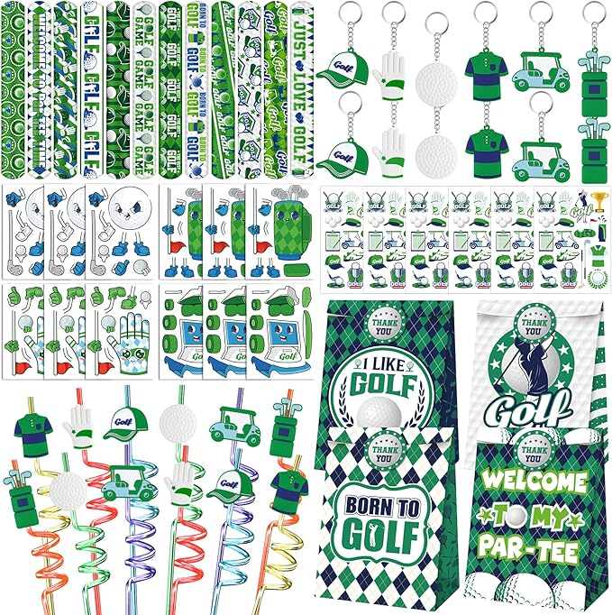 Erweicet Golf Party Favor 72 PCS Golf Theme Slap Bracelet DIY Stickers Temopory Tattoos Keychains Plastic Straws Gift Bags for Golf Birthday Party Sports Event Goodies Bags Filler
