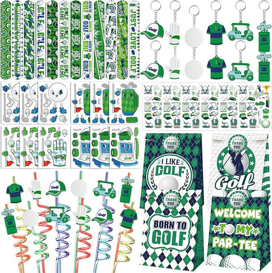 Erweicet Golf Party Favor 72 PCS Golf Theme Slap Bracelet DIY Stickers Temopory Tattoos Keychains Plastic Straws Gift Bags for Golf Birthday Party Sports Event Goodies Bags Filler