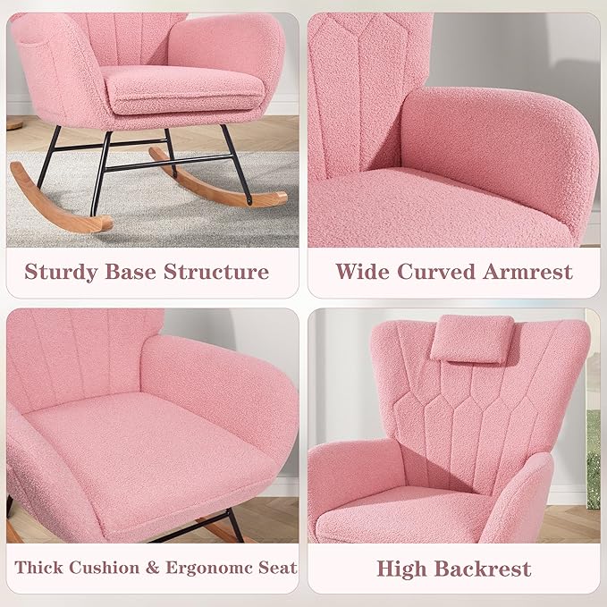 VECELO Rocking Chair Nursery with Thick Headrest, Modern Teddy Upholstered Reading Glider Rocker Accent Armchair with High Backrest, Padded Seat, Side Pocket, for LivingRoom, Bedroom, Baby Room, Pink