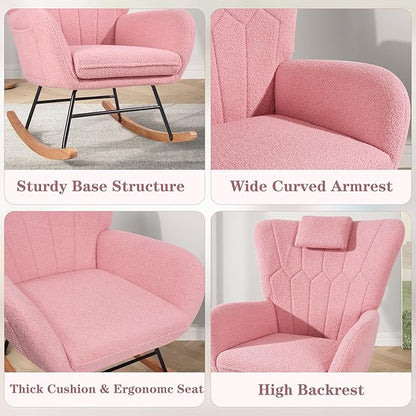 VECELO Rocking Chair Nursery with Thick Headrest, Modern Teddy Upholstered Reading Glider Rocker Accent Armchair with High Backrest, Padded Seat, Side Pocket, for LivingRoom, Bedroom, Baby Room, Pink