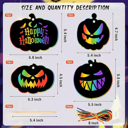JULMELON 36 Pieces Halloween Scratch Paper Crafts Kit Bulk of Halloween Pumpkins Magic Rainbow Scratch Art for Kids DIY Party Ornaments Halloween Decor with 12 Wooden Sticks and 36 Colorful Ribbons