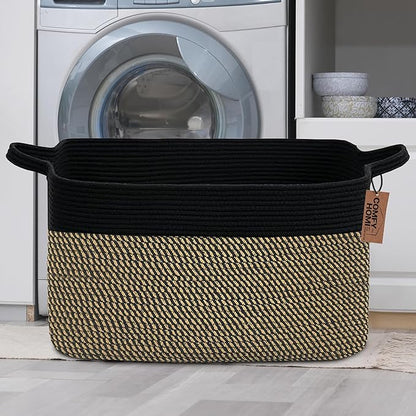 COMFY-HOMI Large Rectangular Blanket , Cotton Rope Woven for Storage, LaundryHamper, Storage ,Toy Organizing Bin with Handle, Organizer and Storage-22x15x12-Black/Jute