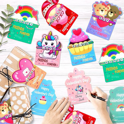 LINAYE Valentines Day Cards for Kids Classroom, 24 Pack Valentines Gift Cards with Friendship Bead Bracelets, Valentines Gift Exchange for Boys Girls, Valentines Party Favors Supplies for Kids