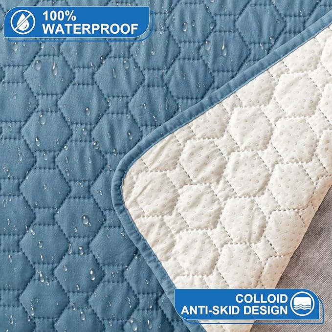 100% Waterproof Recliner Chair Covers That Stay in Place, Non-Slip Recliner Cover with 5 Pockets, Elastic Straps, Washable Reclining Chair Protector for Kids, Pets, Dogs, Gray Blue