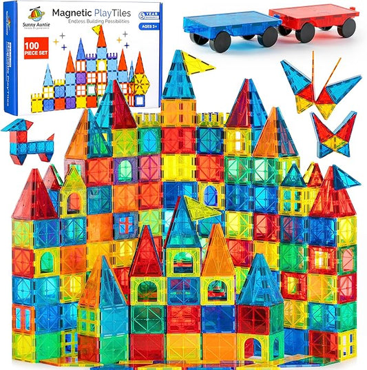 Magnetic Tiles 100 PCS with 2 Cars, Magnetic Tiles for Kids & Toddlers, Toy for 3 4 5 6 7 8 Year Old Boys & Girls, Gift Box