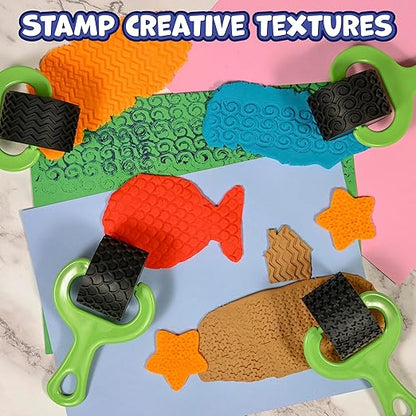 READY 2 LEARN Paint and Dough Explorers - Set 3 - Set of 4 - Sturdy, Chunky Texture Rollers for Kids and DIY - Art Tools for Pottery, Posters and Dough