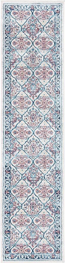 SAFAVIEH Brentwood Collection 2' x 8' Beige / Navy BNT870B Oriental Damask Trellis Non-Shedding Living Room Entryway Foyer Hallway Bedroom Runner Rug