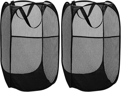 BATTOO Deluxe Strong Mesh Pop up Laundry Hamper Basket with Side Pocket Foldable Hamper for Laundry Room, Bathroom, Kids Room, College Dorm or Travel Black + Black