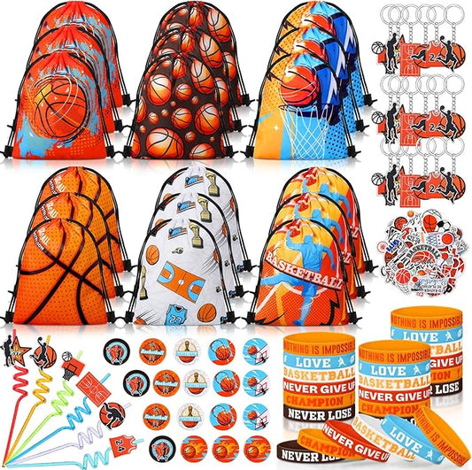 Sadnyy 140 Pcs Party Favors Birthday Party Decorations Supplies Drawstring Bags with Silicone Bracelets Keychains Straws Button Pins Stickers for Classroom Rewards Goodie Bags Stuffers(Basketball)