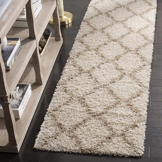 SAFAVIEH Dallas Shag Collection 2'3" x 8' Ivory/Beige SGDS257B Trellis Non-Shedding Living Room Bedroom Dining Room Entryway Plush 1.5-inch Thick Runner Rug