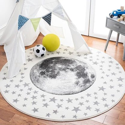 SAFAVIEH Carousel Kids Collection 4' Round Ivory/Grey CRK135A Moon & Stars Non-Shedding Playroom Nursery Bedroom Area Rug