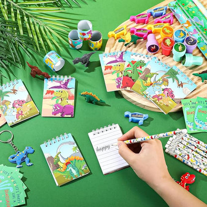 Colarr 161 Pcs Dinosaur Party Favor Dinosaur School Stationery Set Includes Gift Cup Notebook Pencil Sharpener Eraser Keychain Stamp Slap Bracelet Sticker Card For Dinosaur Birthday Supply
