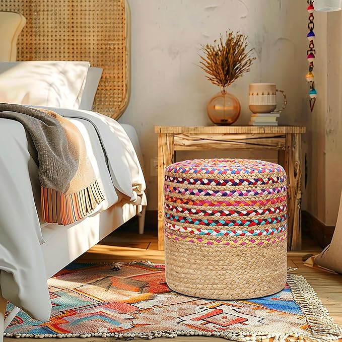 COTTON CRAFT Jute Chindi Pouf – Cylindrical Jute Cotton Braided Ottoman - Moroccan Boho Kilim Foot Stool - Bedroom Family Room Accent Seating – Footrest - Rustic Decor Round Pouf – 15 diax16 H- Multi