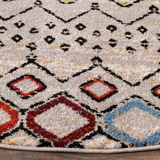 SAFAVIEH Amsterdam Collection 5 feet 1 inch x 5 feet 1 inch Round Light Grey / Multi AMS108G Moroccan Boho Non-Shedding Dining Room Entryway Foyer Living Room Bedroom Area Rug