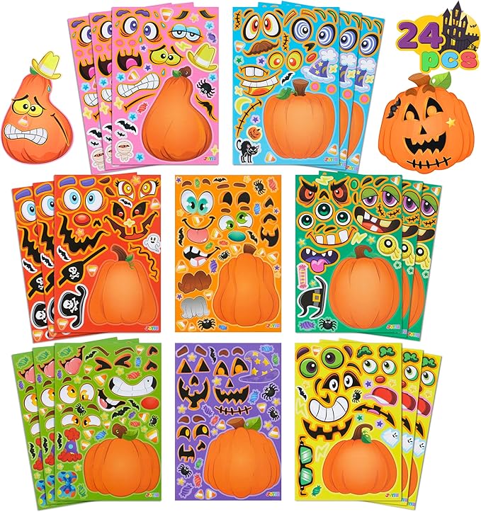 JOYIN 24 Pcs Halloween Pumpkin Decorating Stickers, Party Favor for Kids, Halloween Art Crafts Party Supplies, Pumpkin Face Sticker with 8 Designs, Halloween Treats Classroom Activities Games