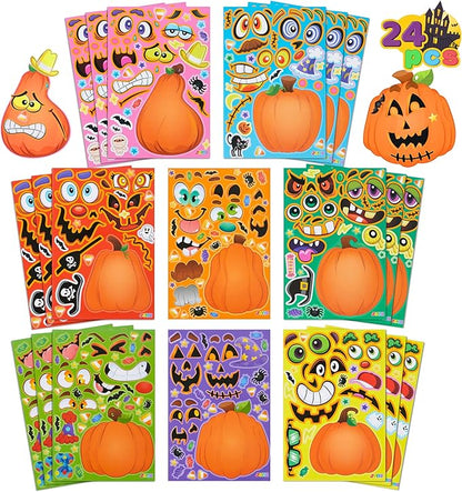 JOYIN 24 Pcs Halloween Pumpkin Decorating Stickers, Party Favor for Kids, Halloween Art Crafts Party Supplies, Pumpkin Face Sticker with 8 Designs, Halloween Treats Classroom Activities Games