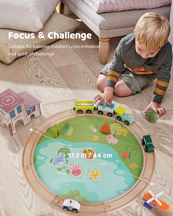 Wooden Train Track Set - 48-Piece Toy Train Tracks Compatible with Thomas, Brio, Melissa & Doug - Includes Fishing and Puzzles for Toddlers 3-8 - Educational for Fun Playtime