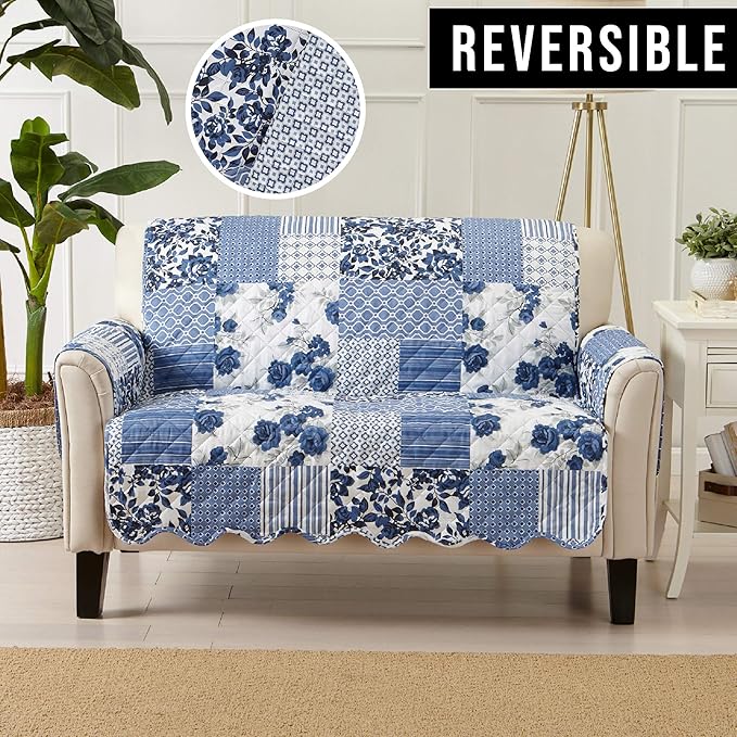 Great Bay Home Patchwork Scalloped Printed Furniture Protector Stain Resistant Loveseat Cover (Loveseat, Navy)