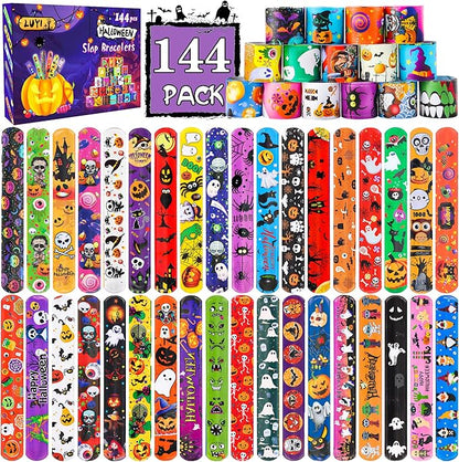 144 PCS Halloween Slap Bracelets Halloween Party Favors Supplies for Kids-108 Different Designs Bracelets Bulk for Halloween Decorations Halloween Treat Toys Bag Stuffers Gift for Kids Girls Boys