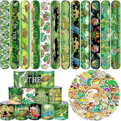 86PCS Reptile Party Favors 50PCS Reptile Stickers 36PCS Reptile Slap Bracelets Alligator Lizard Gecko Snake Turtle Snap Bracelet Reptile Stickers for Kids Reptile Party Supplies Decorations Gifts