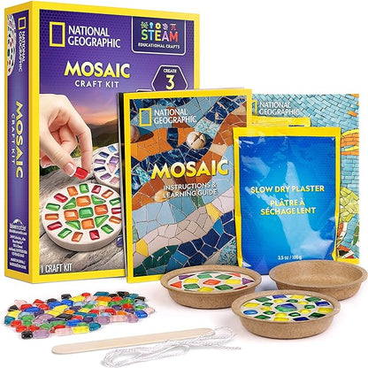 National Geographic Mosaic Arts and Crafts Kit for Kids - Mosaic Kit for Creating 3 Glass Tile Mosaic Art Projects, Includes Glass Tiles, Templates, Plaster & More, Art Supplies, Mosaic Kits for Kids