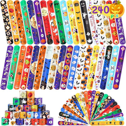 Liliful 240 Pcs Halloween Slap Bracelets Bulk for Kids Halloween Snap Bracelets Decor 24 Styles Halloween Wristbands Bags Filler Halloween Party Favor