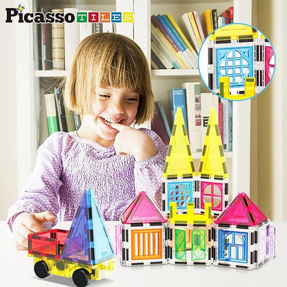 PicassoTiles Magnetic Tiles 101pc Magnet Tile Building Blocks Construction Sensory Toy Set with Storage Carry Case Drawstring Bag STEM Kids Learning Educational Pretend Play Boy Girl Ages 3+ & Up PT06