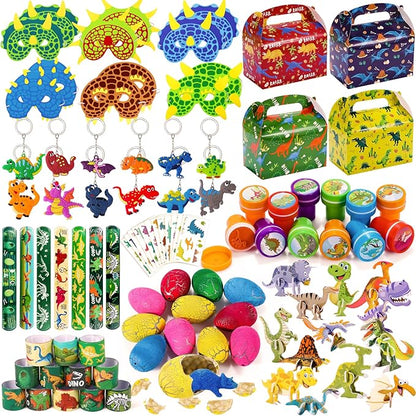 Golray Dinosaur Party Favors Birthday Supplies Gift Box Dino Egg Model Puzzle Mask Stamper Slap Bracelet Keychain Tattoo Sticker Goody Bag Stuffer Pinata Filler 102Pcs Boy Kids Dinosaur Party Supplies