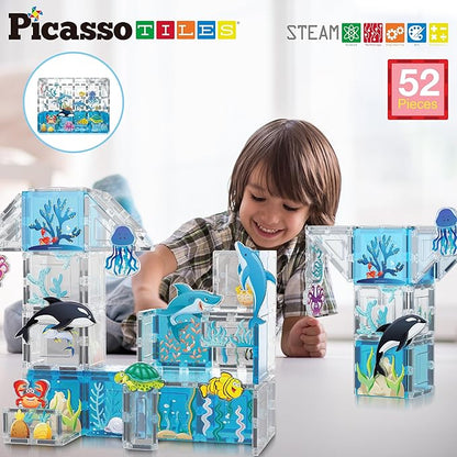 PicassoTiles Magnet Tiles Magnetic Building Blocks Aquarium Marine Animal Theme Set with 8 Character Action Figures Shark Crab Turtle STEM Toys Construction Preschool Toddlers Kids Boys Girls 3+ PTQ15