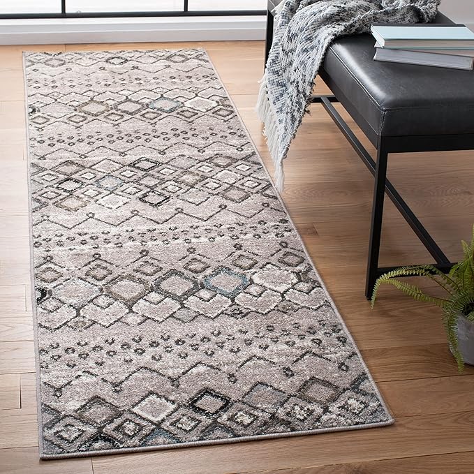 SAFAVIEH Amsterdam Collection Runner Rug - 2'3" x 20', Light Grey & Brown, Moroccan Boho Design, Non-Shedding & Easy Care, Ideal for High Traffic Areas in Living Room, Bedroom (AMS108F)