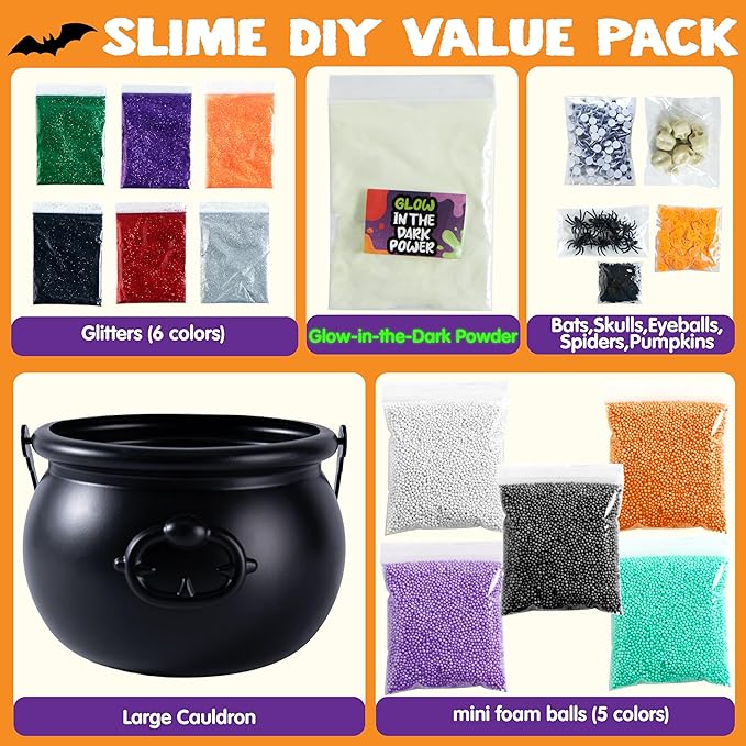 JOYIN Halloween Slime Kit for Kids, Halloween Party Favor, Art Activities Party Supplies, DIY Slime Craft Kit with Cauldron Kettle, Spooky Bats, Eyeballs, Pumpkins, Skeletons, Spiders, Party Game Gift