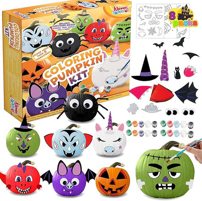 Klever Kits Halloween Pumpkin Decorating Kit, Halloween Arts and Craft Party Favors for Kids, Pumpkin Painting Kits Party Supplies, Halloween DIY Coloring Pumpkin Decorations, School Activities Games
