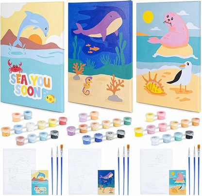 BONNYCO Paint by Numbers Kit for Kids Sea Animals Pack 3 Canvas Paint by Number Canvas, Ocean Gifts for Kids, Arts and Crafts, Kids Paint by Number, Kits Pre Drawn Canvas for Painting for Kids