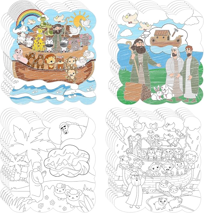 Dvbonike 24Pcs Sunday School Craft for Kids Color Your Own Noah Ark Card 4 Styles Religious Christian Coloring Cards with Biblical Scene Animal Drawing Party Gift VBS Home Classroom Decor Supplies