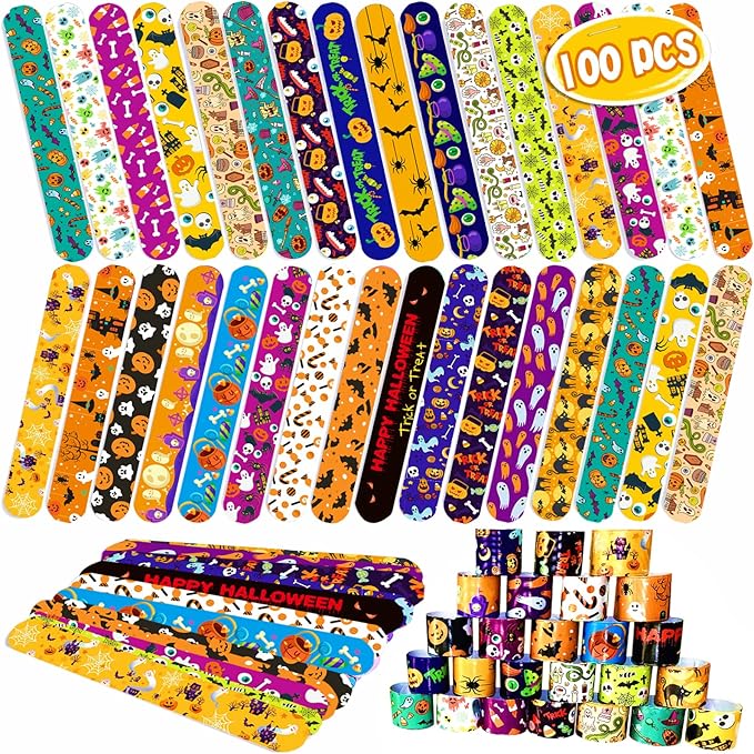 Halloween Slap Bracelets for Kids, 100 Halloween Bracelet Toys Bulk For Kids Girls Boys, Trick or Treat Party Favors, Classroom Prizes, Exchanging Gifts, Halloween Party Gift Treat Bag Filler Supply