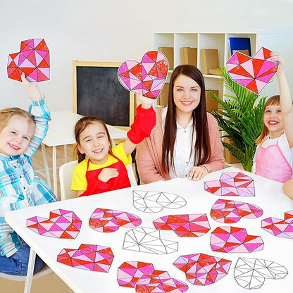 BeYumi 83Pcs Color Your Own Valentine's Day Heart Kit for Kids DIY Coloring Craft Kit Coloring Valentine Heart Ornament Geometric Love Card School Classroom Valentine Party Activity Art Craft Project