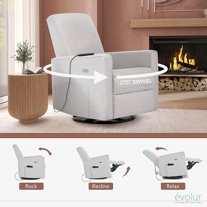 Evolur Harlow Deluxe Upholstered Plush Seating Glide Rocker, Swivel, Power Recliner USB Port with in-Built Massager, Greenguard Gold Certified, Glider Chair for Nursery in Fog Grey