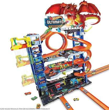 Hot Wheels City Ultimate Garage Track Set with 2 Die-Cast Toy Cars & Car-Eating Dragon, Stores 50+ Vehicles, 4 Levels