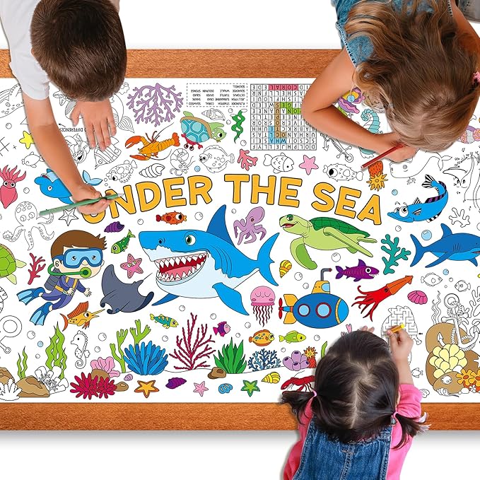 Under The Sea Large Coloring Poster for Kids 30 x 72 Inch, Ocean Animals Giant Coloring Paper Tablecloth, Sea Themed Color-in Activities Games for Kids School Classroom Home Party Supplies Decorations