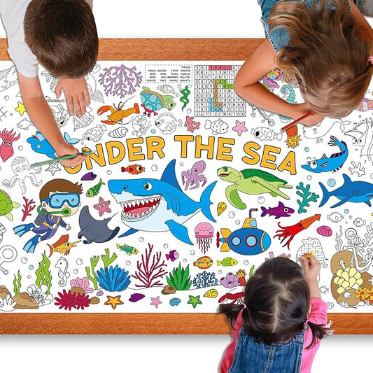 Under The Sea Large Coloring Poster for Kids 30 x 72 Inch, Ocean Animals Giant Coloring Paper Tablecloth, Sea Themed Color-in Activities Games for Kids School Classroom Home Party Supplies Decorations