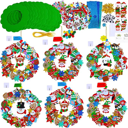 Winlyn 12 Sets Christmas Craft Kits Holiday Crafts DIY Christmas Wreath Ornaments Decorations Art Sets Xmas Snowmen Snowflake Festive Winter Foam Stickers Arts and Crafts for Kids Classroom Activities