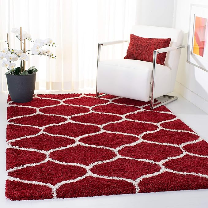 SAFAVIEH Hudson Shag Collection 3' Square Red / Ivory SGH280R Moroccan Ogee Trellis Non-Shedding Living Room Bedroom Dining Room Entryway Plush 2-inch Thick Area Rug