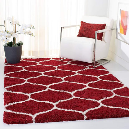 SAFAVIEH Hudson Shag Collection 3' Square Red / Ivory SGH280R Moroccan Ogee Trellis Non-Shedding Living Room Bedroom Dining Room Entryway Plush 2-inch Thick Area Rug