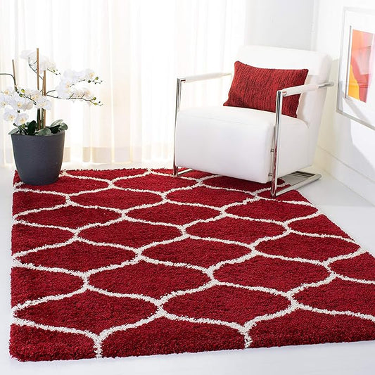 SAFAVIEH Hudson Shag Collection 3' Square Red / Ivory SGH280R Moroccan Ogee Trellis Non-Shedding Living Room Bedroom Dining Room Entryway Plush 2-inch Thick Area Rug