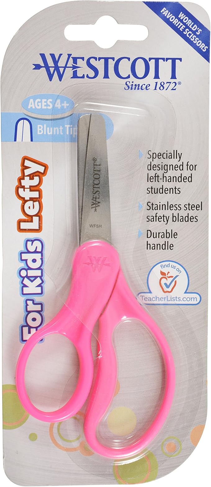 Westcott 13594 Left-Handed Scissors, Hard Handle Kids' Scissors, Ages 4-8, 5-Inch Blunt Tip, Color Varies
