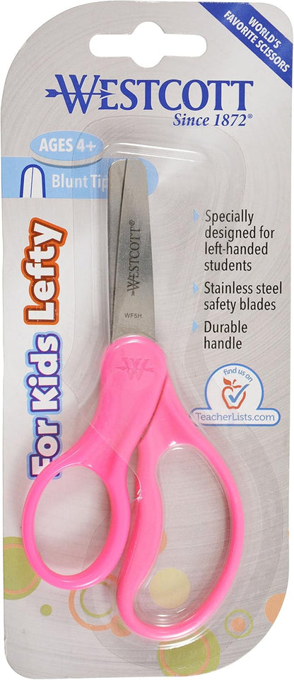 Westcott 13594 Left-Handed Scissors, Hard Handle Kids' Scissors, Ages 4-8, 5-Inch Blunt Tip, Color Varies