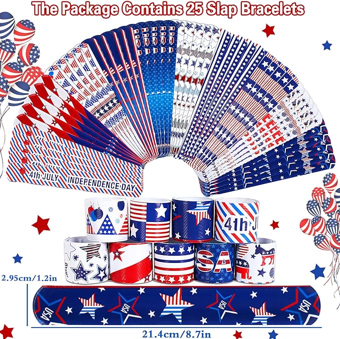 JUNEBRUSHS 4th of July Party Favors, 50 Pcs Patriotic Decorations Slap Bracelets Rubber Wristbands Assorted for Kids Gifts Silicone Bracelets Bulk Memorial Veterans Day Party Accessories