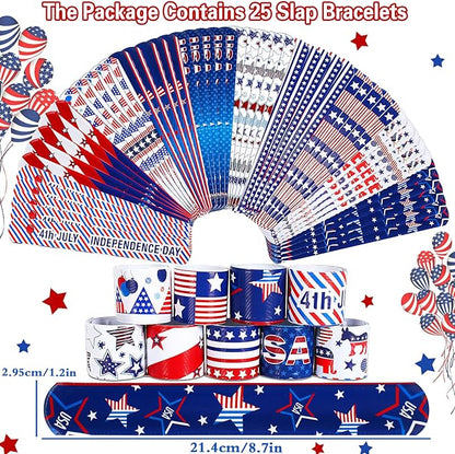 JUNEBRUSHS 4th of July Party Favors, 50 Pcs Patriotic Decorations Slap Bracelets Rubber Wristbands Assorted for Kids Gifts Silicone Bracelets Bulk Memorial Veterans Day Party Accessories